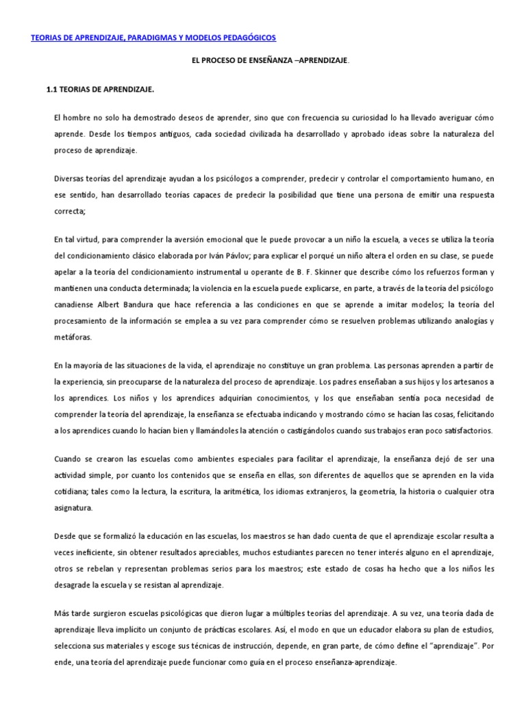 Teorías del Aprendizaje y Modelos Pedagógicos | PDF | Aprendizaje ...