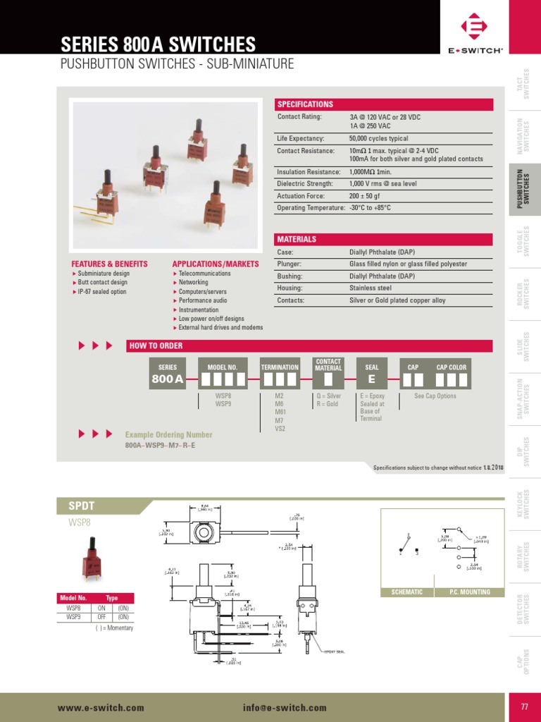 Series 800A Switches: Pushbutton Switches - Sub-Miniature | PDF