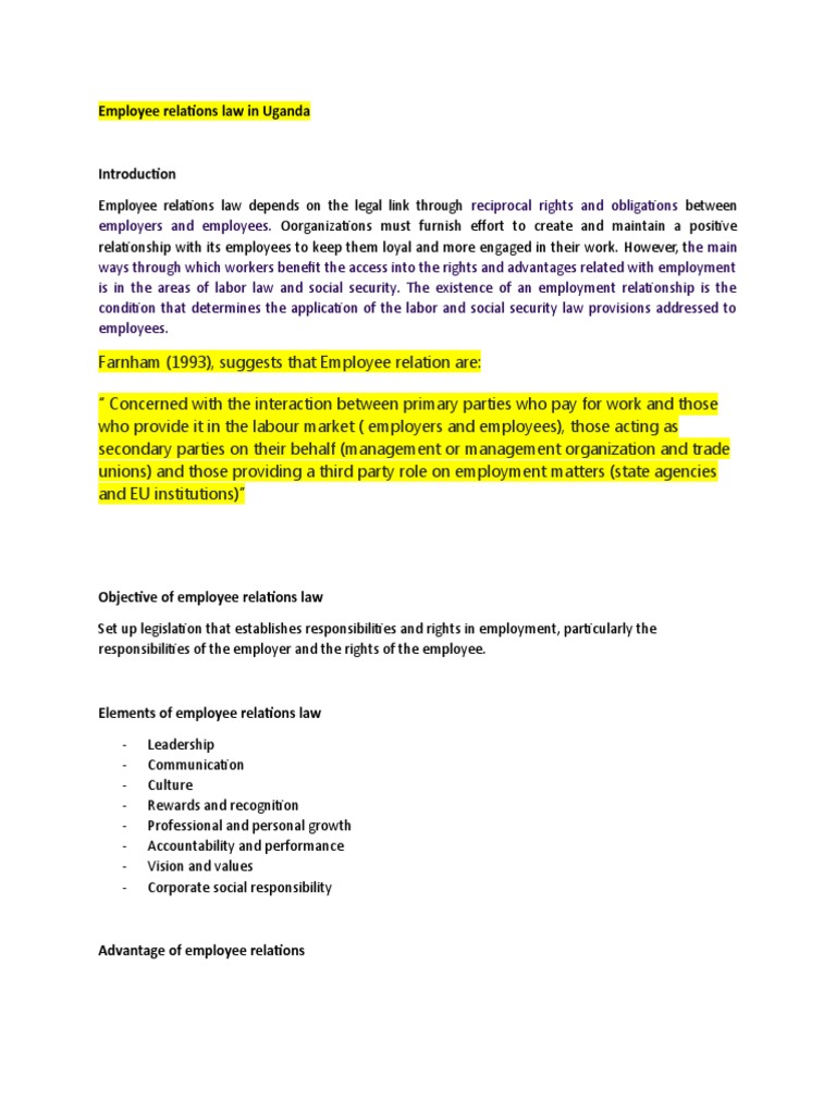 Employee Relations Law in Uganda Work PDF Employment Salary