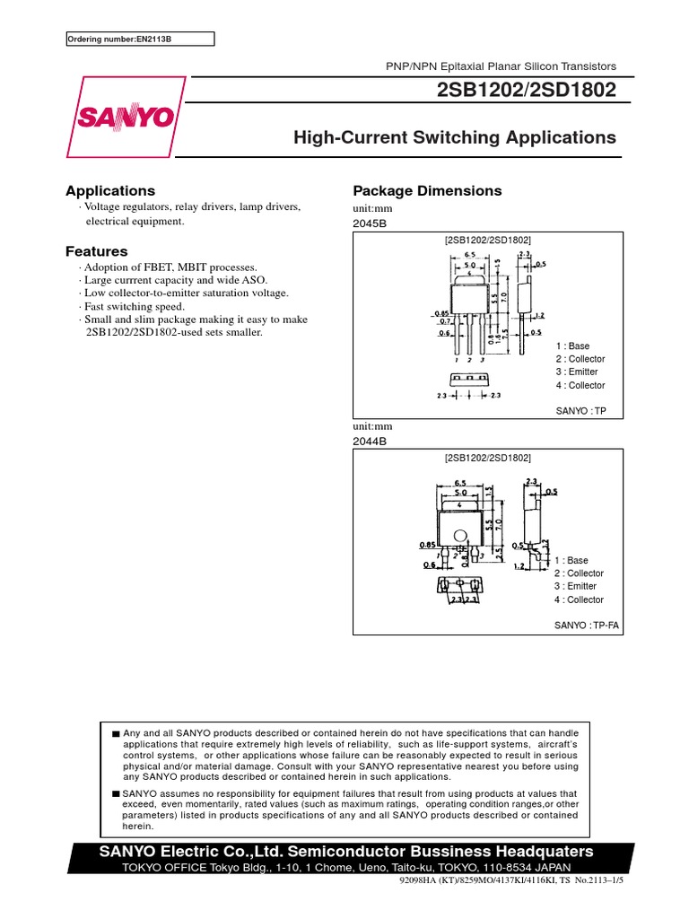 2SB1202/2SD1802: High-Current Switching Applications | PDF | Bipolar ...