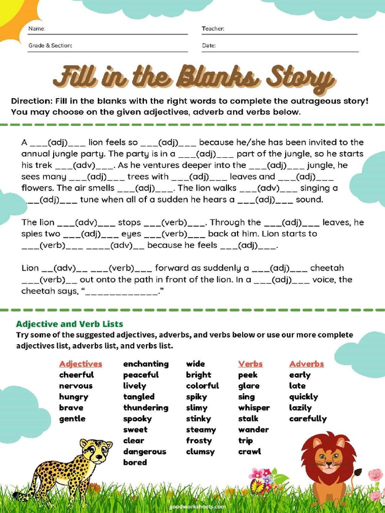 Fill In The Blanks Story Worksheets Pdf With Answers