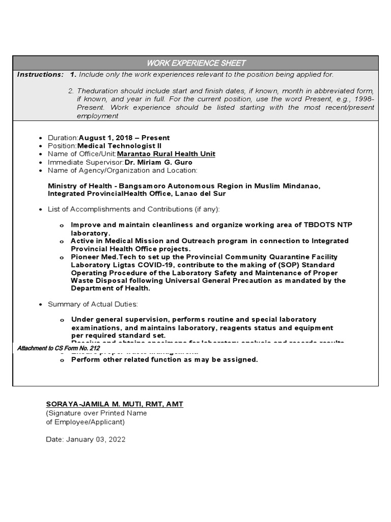 Medical Technologist Work Experience Sheet | PDF | Technology & Engineering