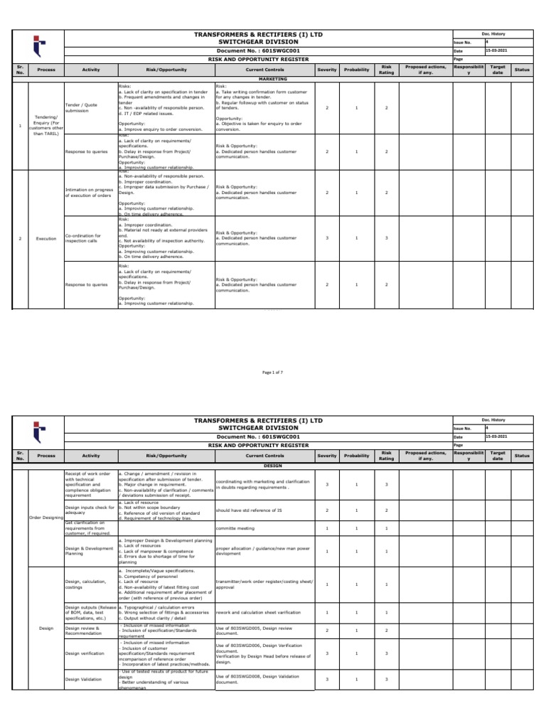 Risk and Opportunity Register | PDF | Specification (Technical Standard ...