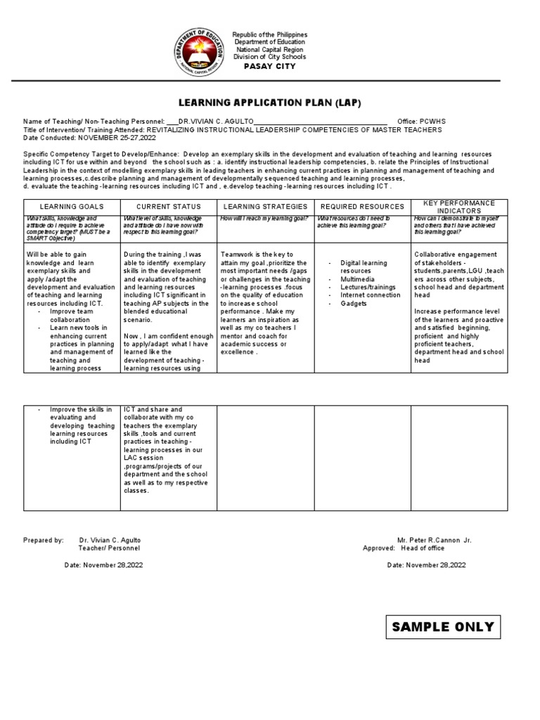 Learning application plan lap pasay city pdf teaching method