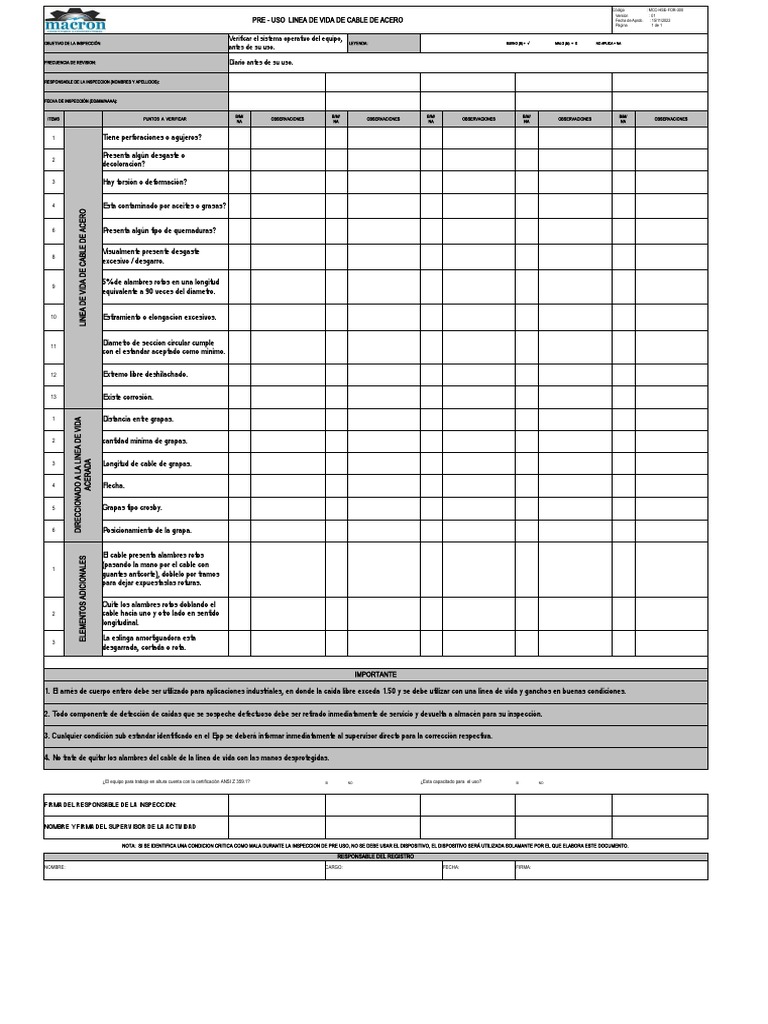 Checklist Preuso Línea de Vida Acero | PDF