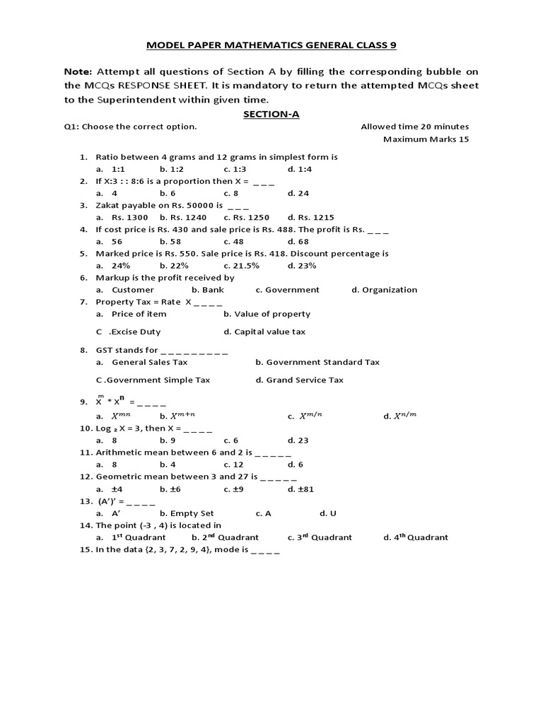Class 9 General Maths Model Paper | PDF | Taxes | Prices