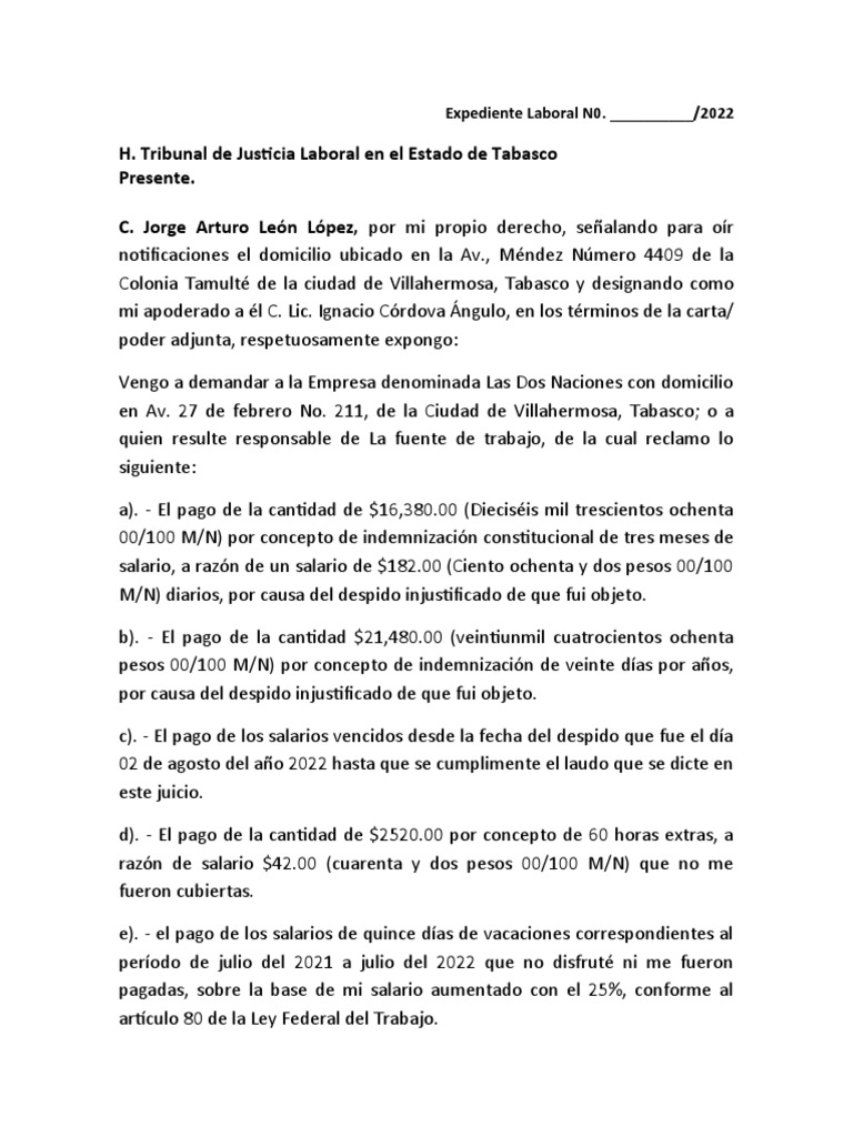 Formato de Demanda Laboral Por Despido Injustificado | PDF | Salario