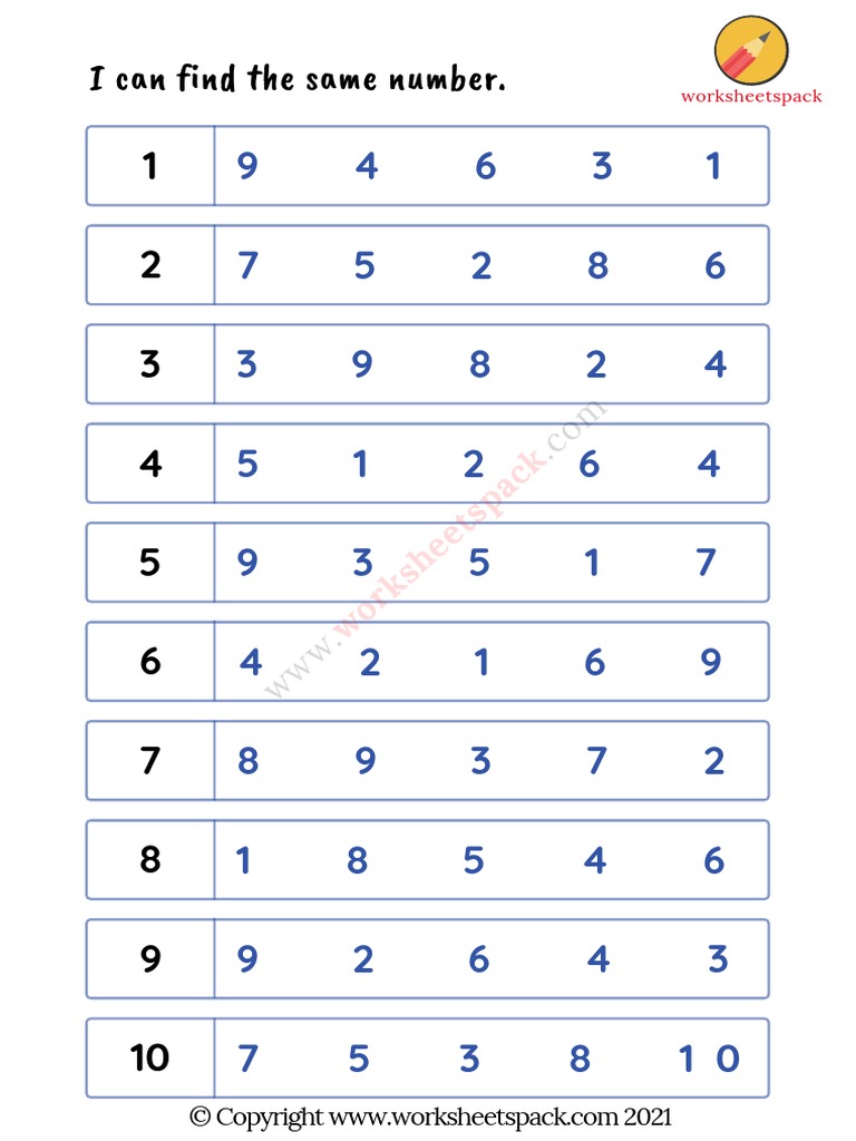 Find and Circle The Same Number Worksheet PDF