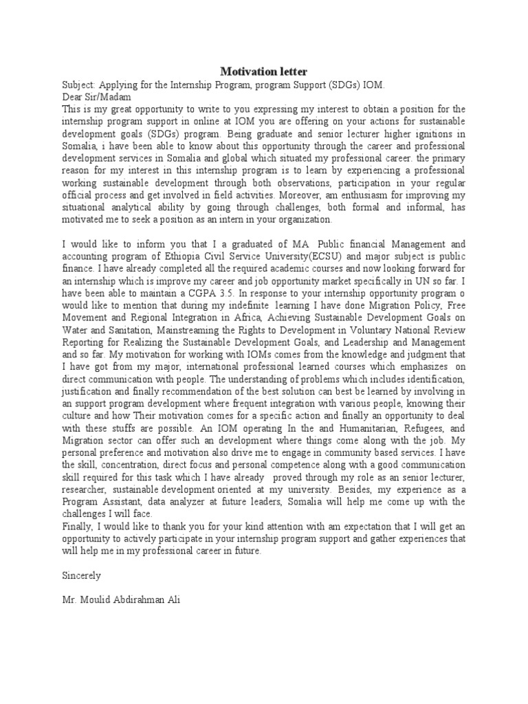 Internship Application for IOM SDGs Program | PDF | Motivation ...