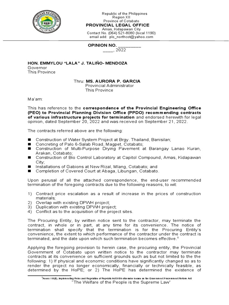 Legal opinion termination of contracts for infrastructure projects
