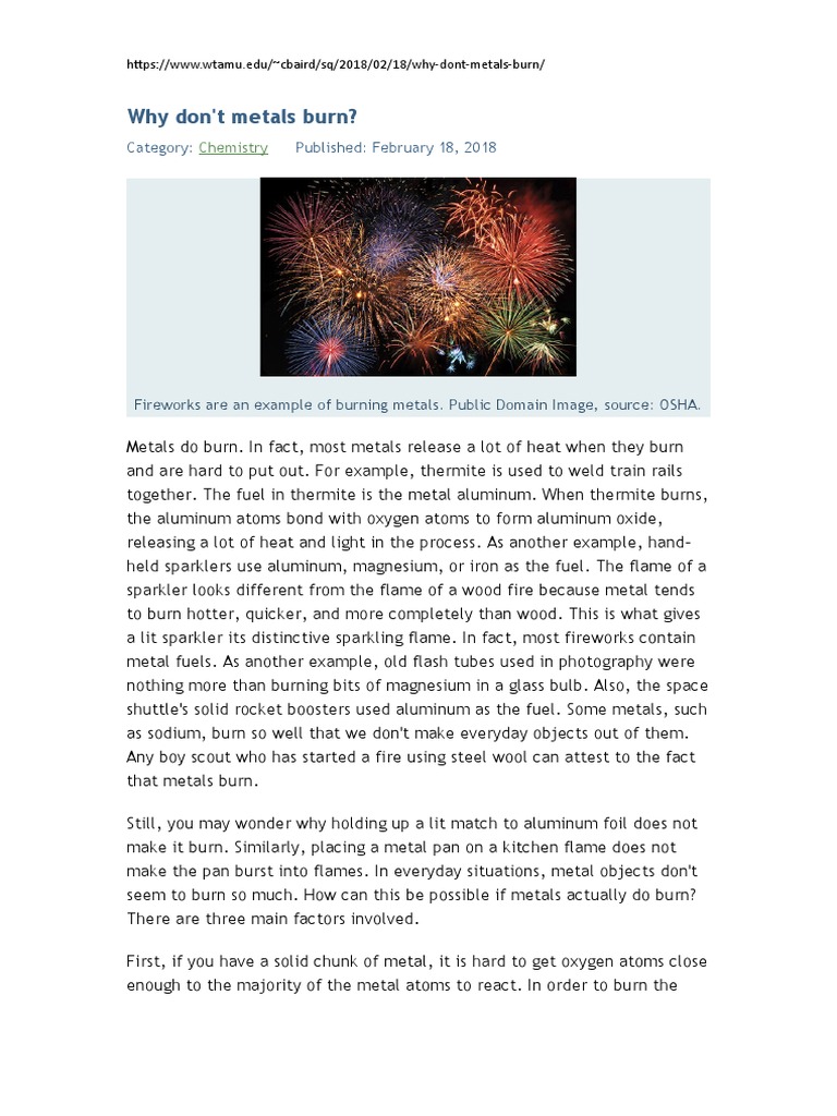 Why Don't Metals Burn Download Free PDF Combustion Metals