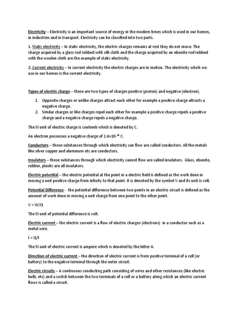 Class 10 Electricity Notes Overview | PDF | Electrical Resistivity And ...