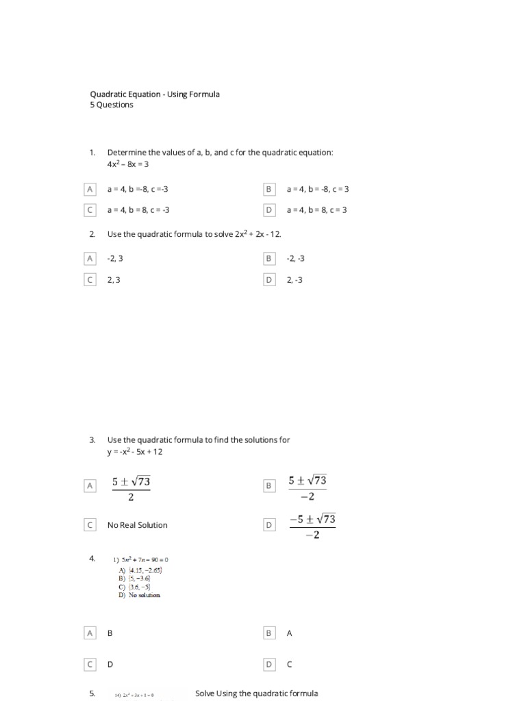 Quadratic Equation - Using Formula | PDF image.