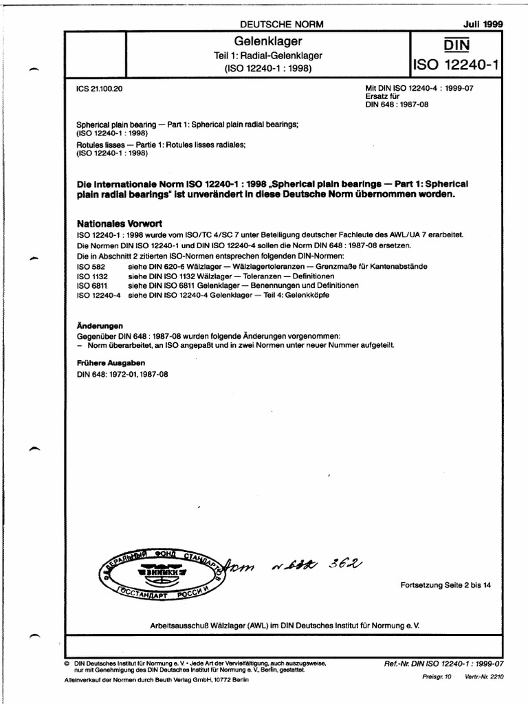 Din iso 12240 1 1998 spherical plain bearings part 1 spherical plain