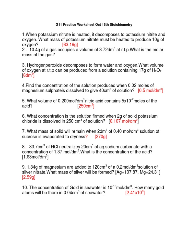 Stoichiometry Practice Worksheet G11 | PDF