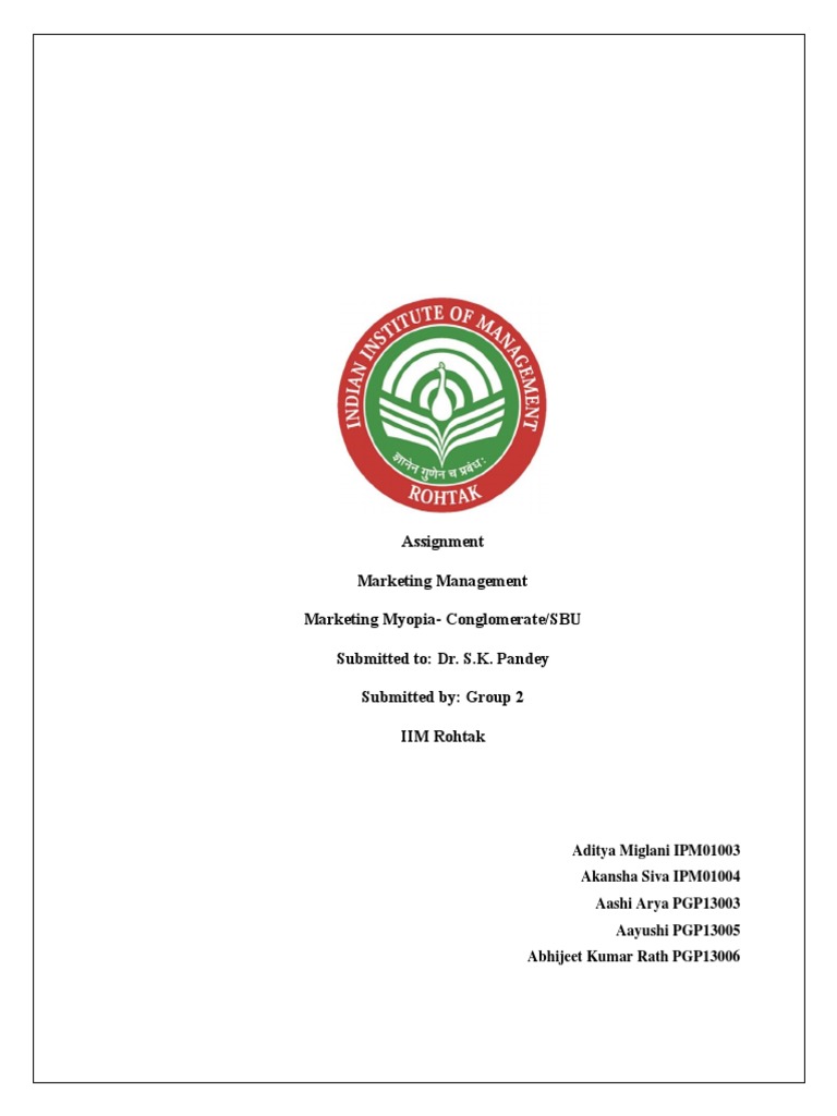 Assignment marketing management marketing myopia conglomerate sbu
