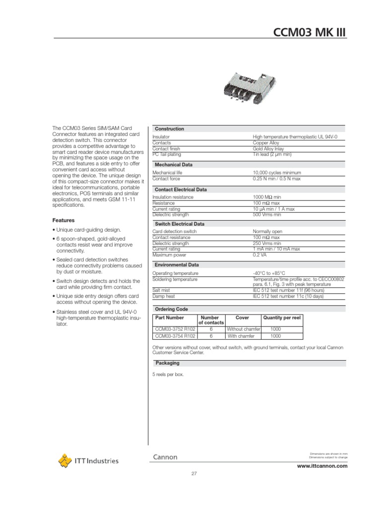 CCM03 Series SIM Card Connector Specs | PDF | Switch | Electrical Connector