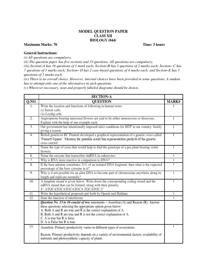 Class 12 Biology Model Question Paper | PDF