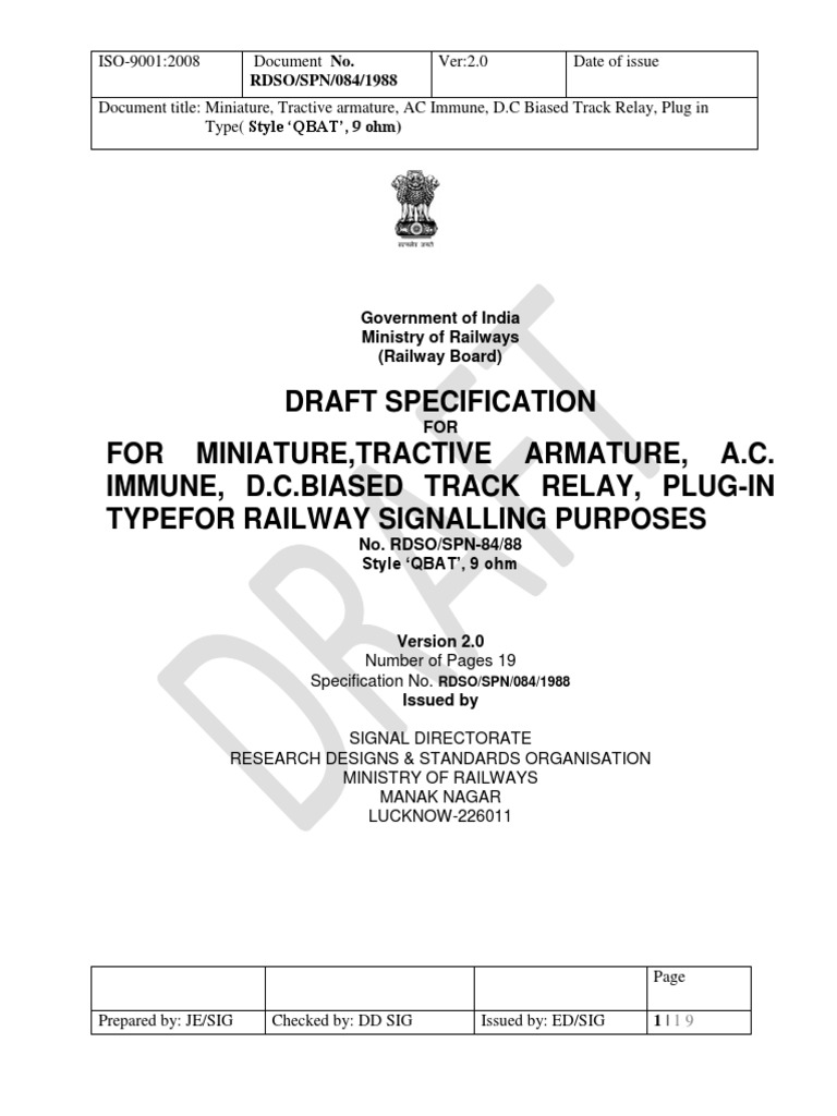 RDSO - SPN - 84-88 For RELAY QBAT | PDF | Relay | Electrical Connector