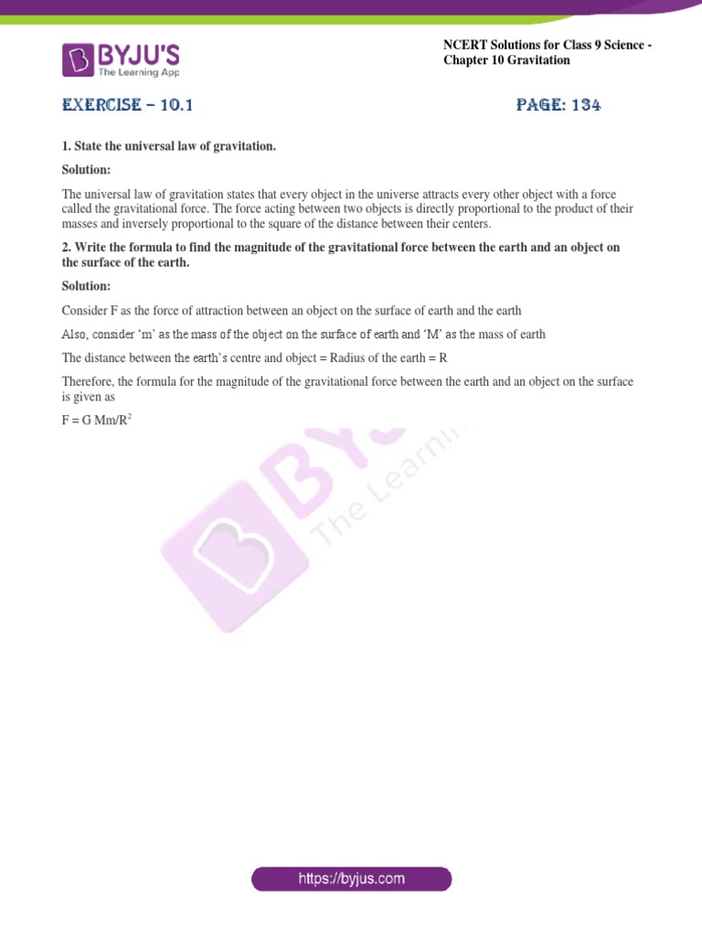 NCERT Solutions For Class 9 Science Chapter 10 Gravitation PDF