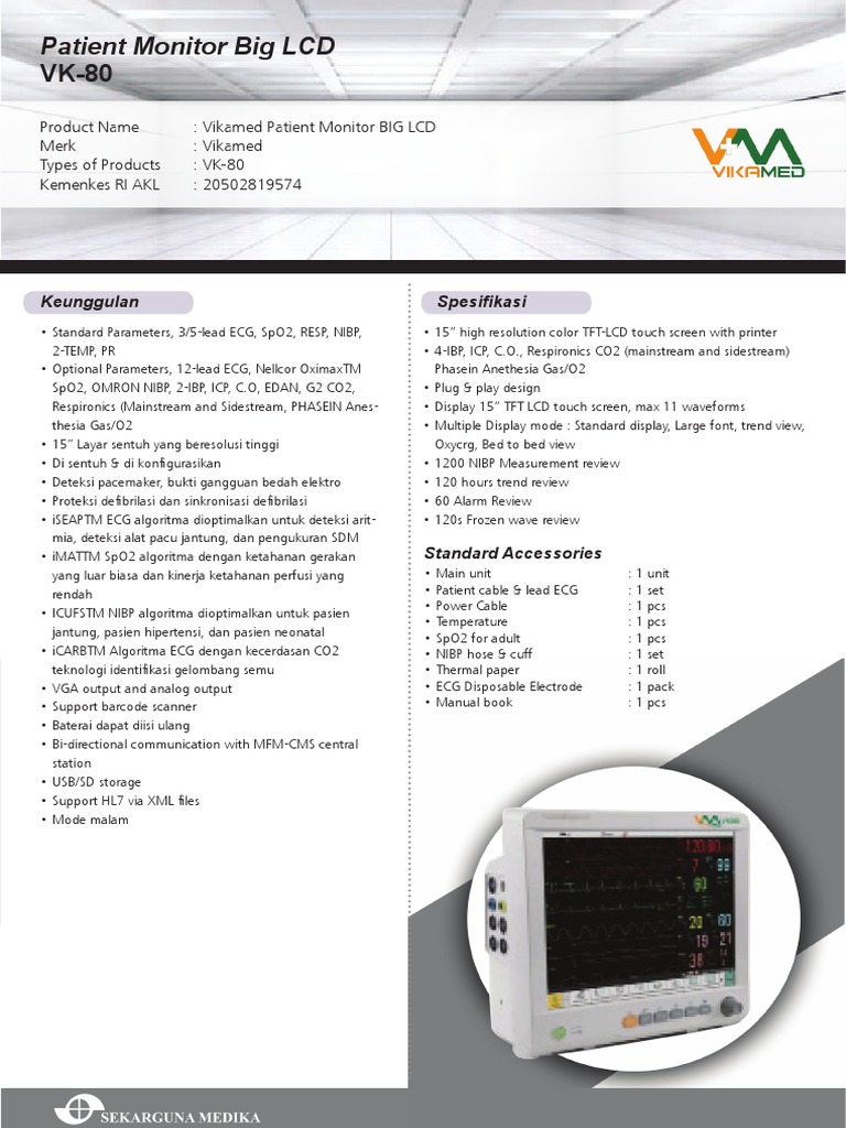 Monitor Pasien VK-80: Fitur & Spesifikasi | PDF