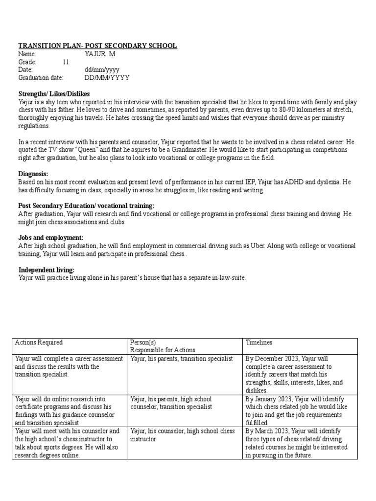 Yajur's Post-Secondary Transition Plan | PDF | School Counselor ...