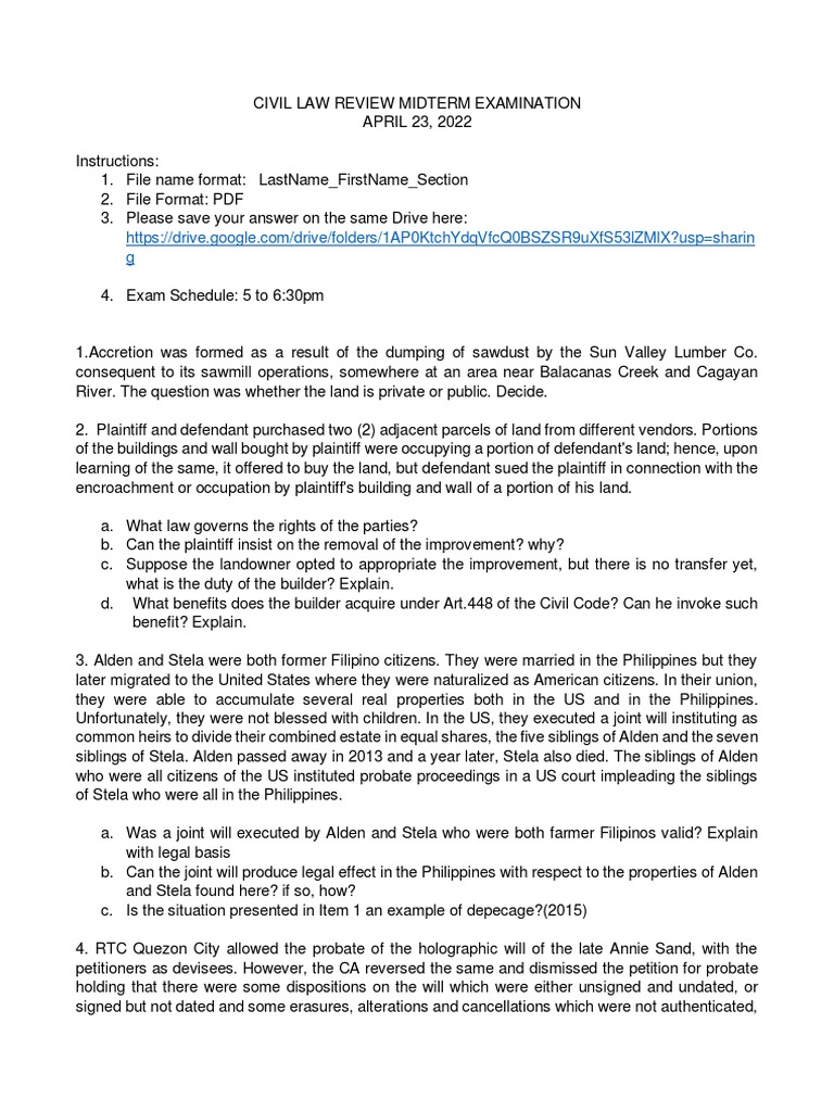 Civil Law Midterm Exam Guidelines | PDF | Probate | Will And Testament