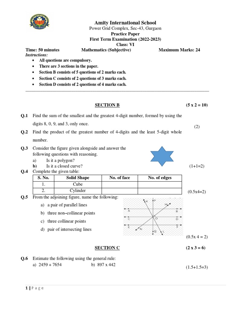 Grade 6 Mathematics First Term Paper Practice Paper | PDF | Mathematics ...