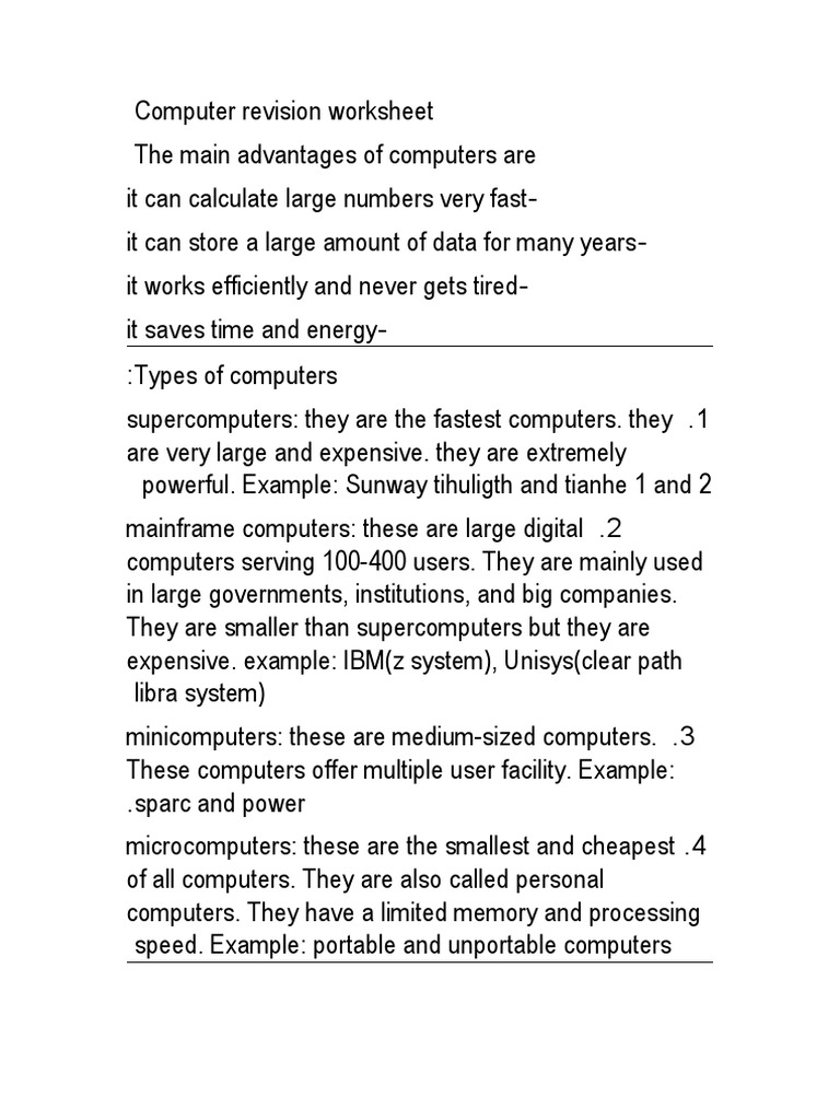 Computer Revision Worksheet | PDF