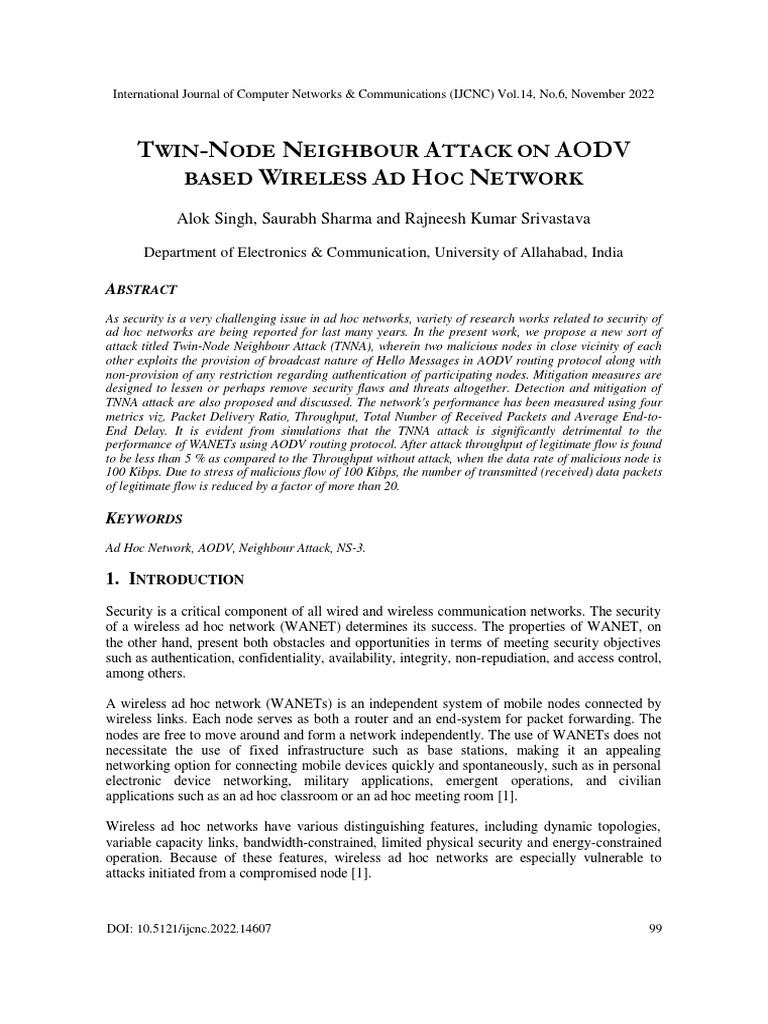Twin-Node Neighbour Attack on AODV | PDF | Wireless Ad Hoc Network ...