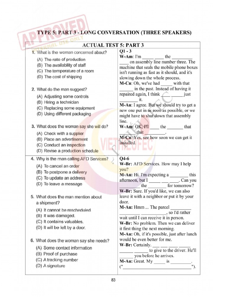 Listening (Part 3, 4) Actual Test 5 (Approved) | PDF