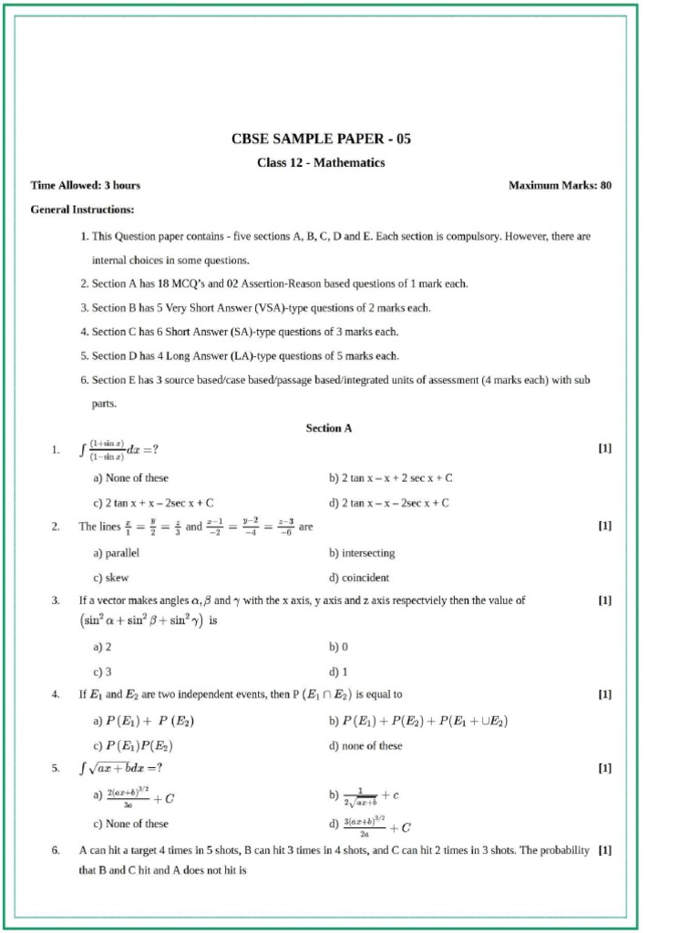 Maths Sample Paper Class 12 | PDF