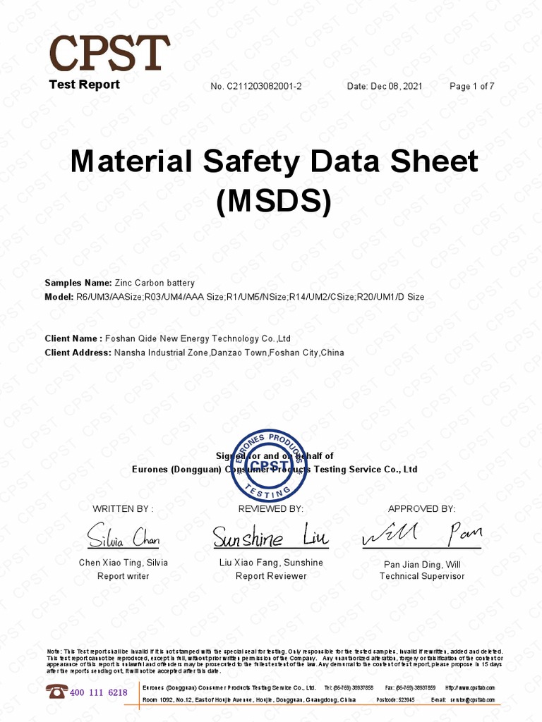 AAA Battery MSDS For HTC1 PDF Waste Management Combustion