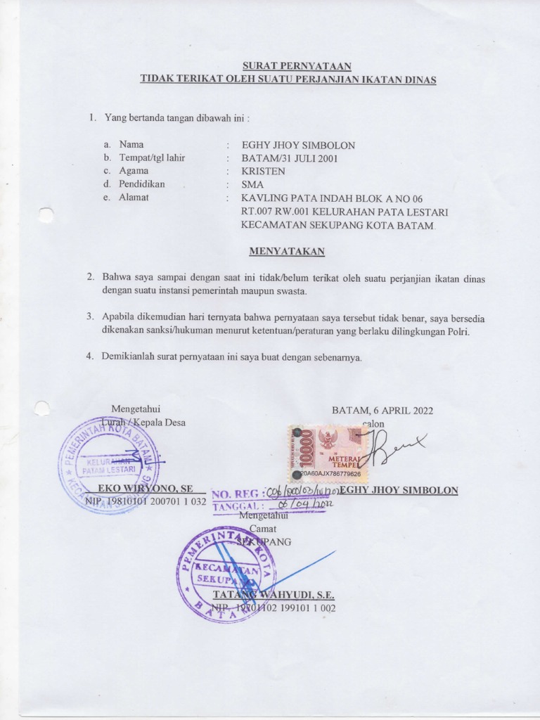 Surat Pernyataan Tidak Terikat Ikatan Dinas | PDF