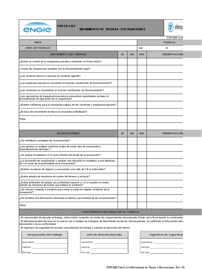 FOR-005-CLMTE-PSI Check List de Movimiento de Tierras y Excavaciones ...