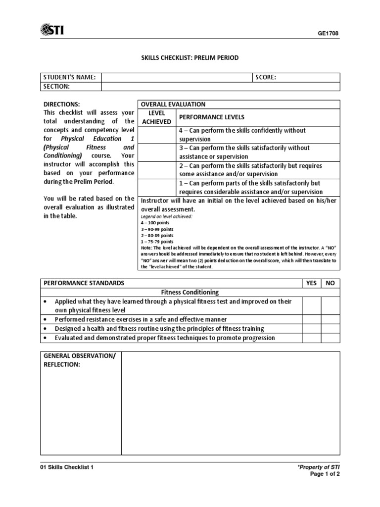 PE Skills Assessment Checklist | PDF | Physical Fitness | Educational ...