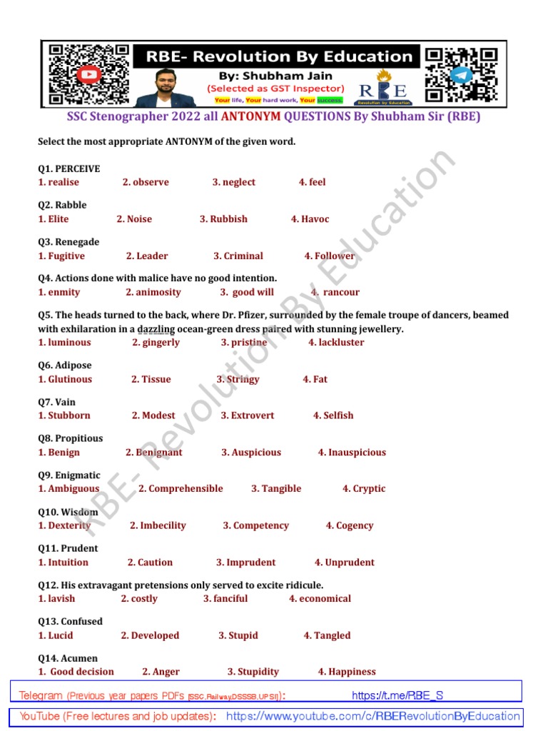 ANTONYM SSC Steno 2022 RBE PDF