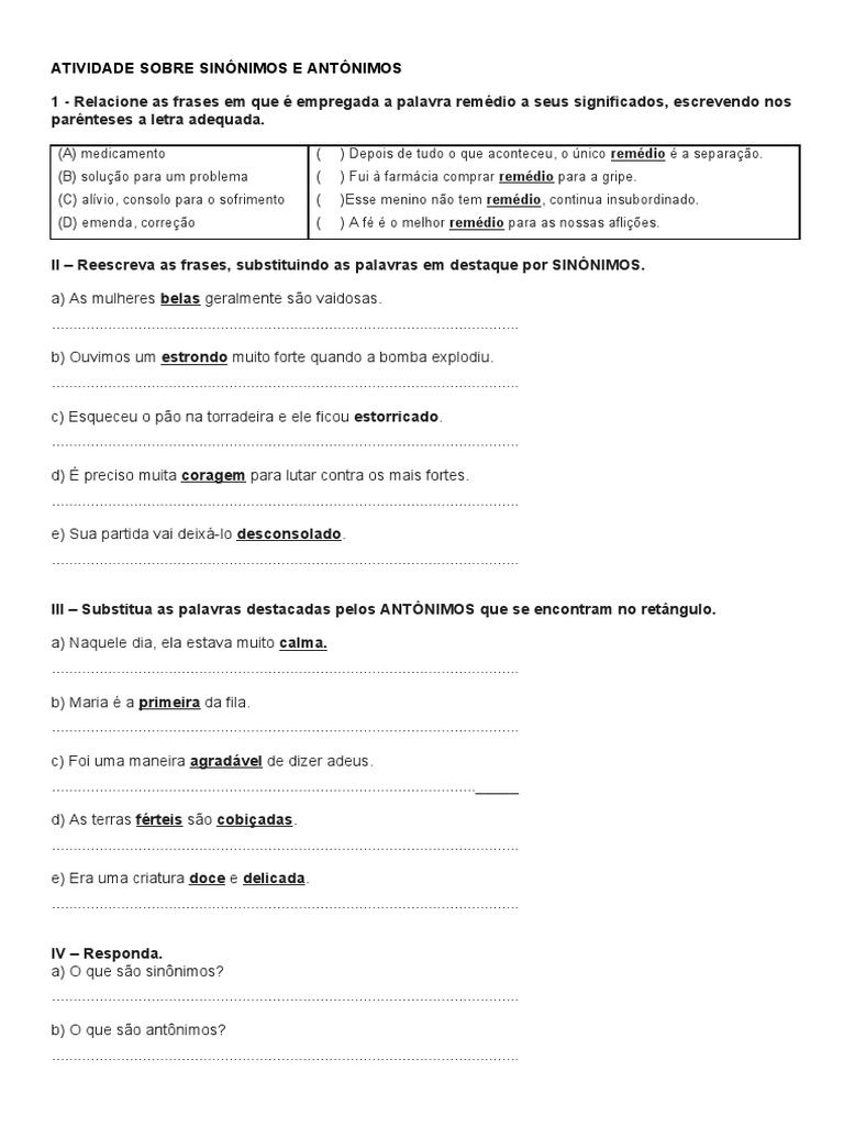 Atividade de Sinônimos e Antônimos | PDF