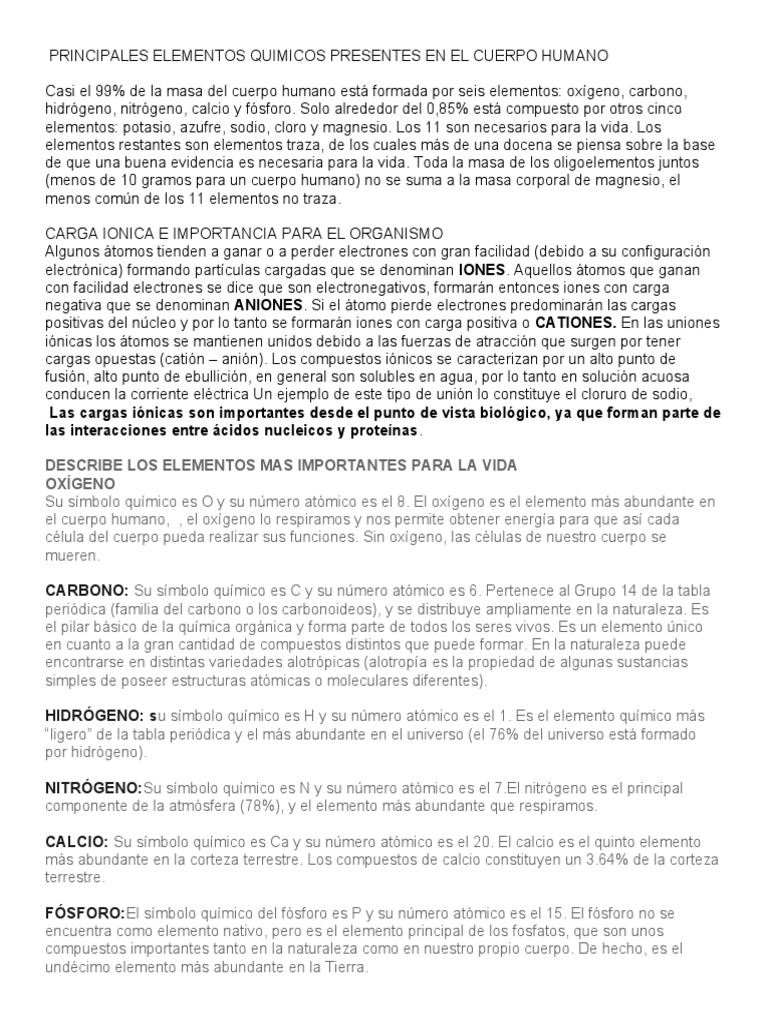 Principales Elementos Quimicos Presentes en El Cuerpo Humano | PDF