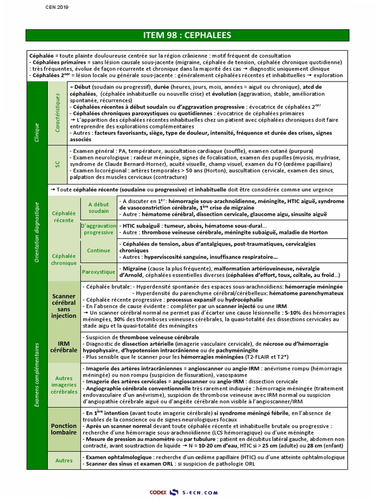 Item 98 - Cephalees-Htic - V2 | PDF | Céphalée | Méningite