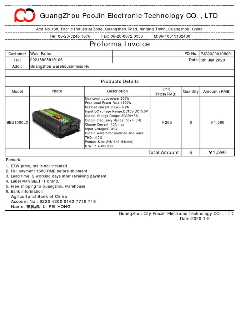 Proforma Invoice for BEU1000LX Model | PDF | Power Inverter | Electric ...