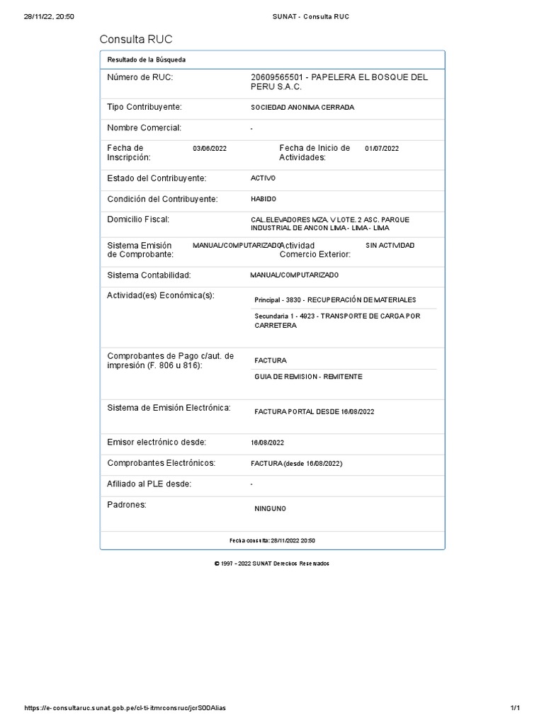 SUNAT - Consulta RUC PAPELERA EL BOSQUE DEL PERU | PDF | Business ...