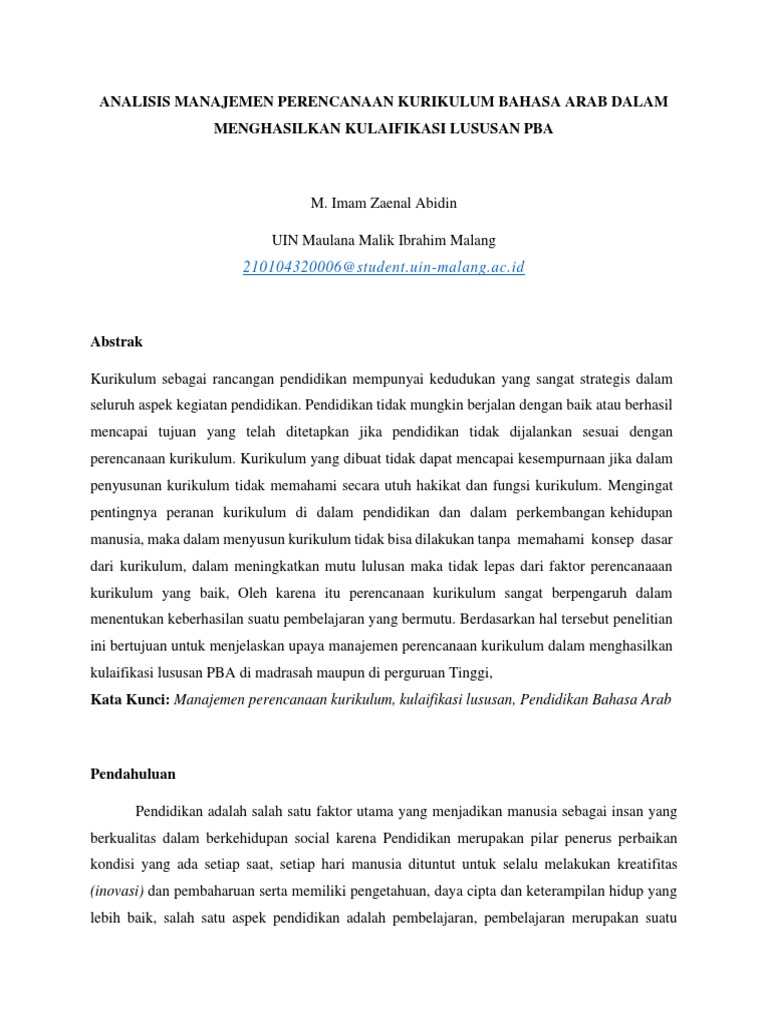 Analisis manajemen perencanaan kurikulum ba dalam menghasilkan