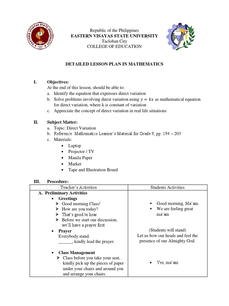Direct Variation Lesson Plan for Grade 9 | PDF | Quantity | Formula