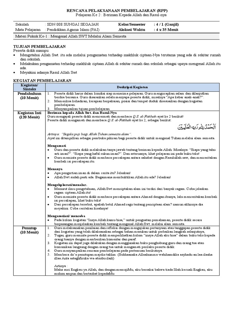 RPP PAI KELAS 4 Semester 1 | PDF