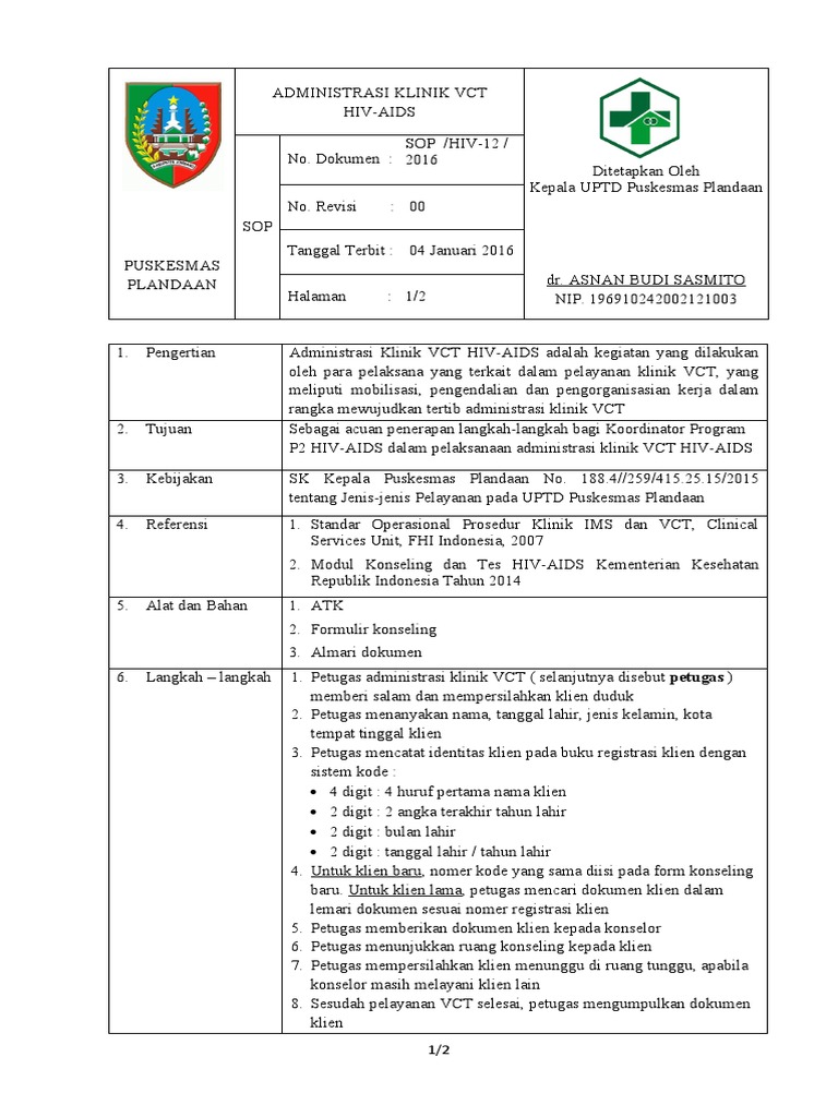 Hiv-12 Sop Administrasi Klinik VCT Hiv-Aids | PDF