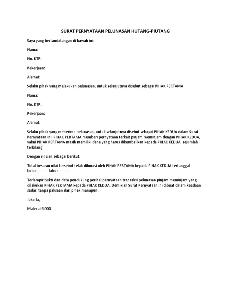 Surat Pernyataan Pelunasan Hutang Piutang Pdf