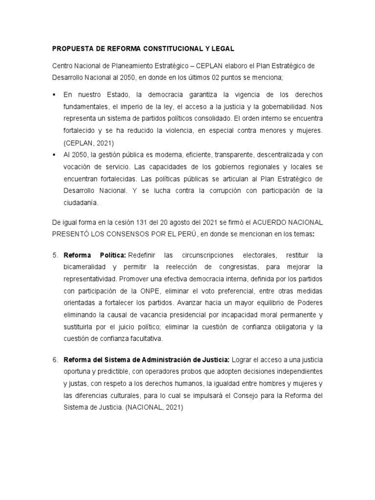 Propuesta de Reforma Constitucional y Legal PDF Democracia