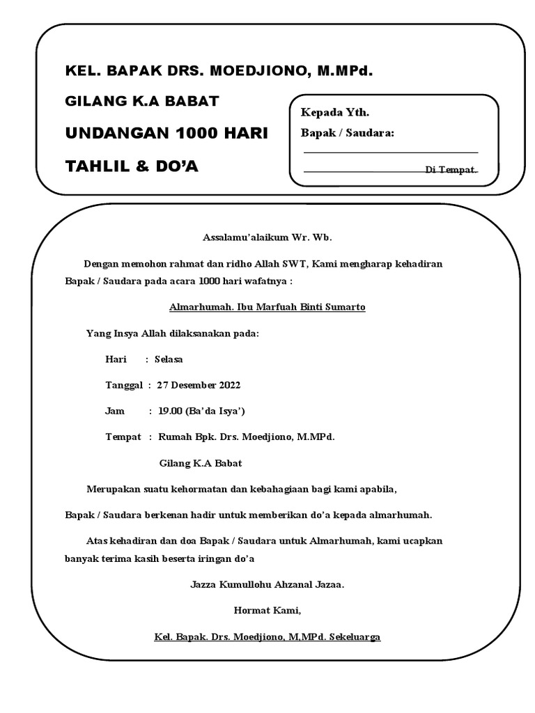 Undangan Kematian Ibu 1000 Hari | PDF