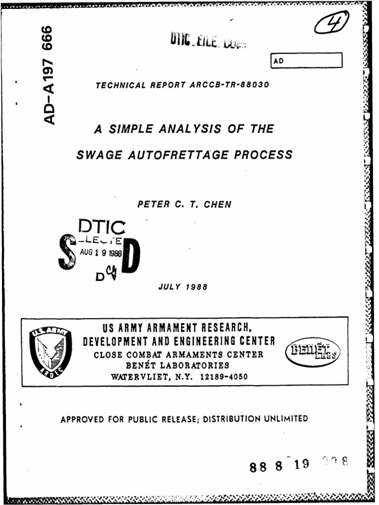 A Simple Analysis of The Swage Autofrettage Process Us Army Armament